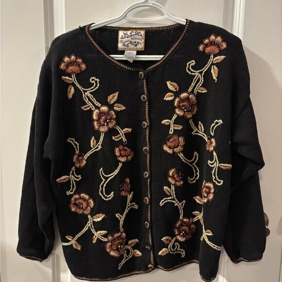Heirloom Collectibles Cardigan Womens Black Floral Embroidered Buttons Sweater - Picture 9 of 9